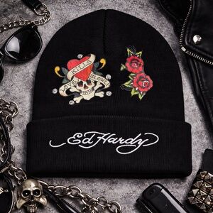 Ed Hardy Black Skull Rose Beanie Rhinestone Y2K Hat